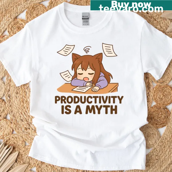 Cartoon T-shirt featuring a sleepy cat girl with the phrase on productivity