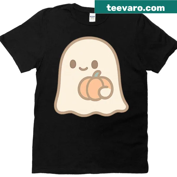 Cute Halloween T-shirt featuring a pumpkin ghost in kawaii style
