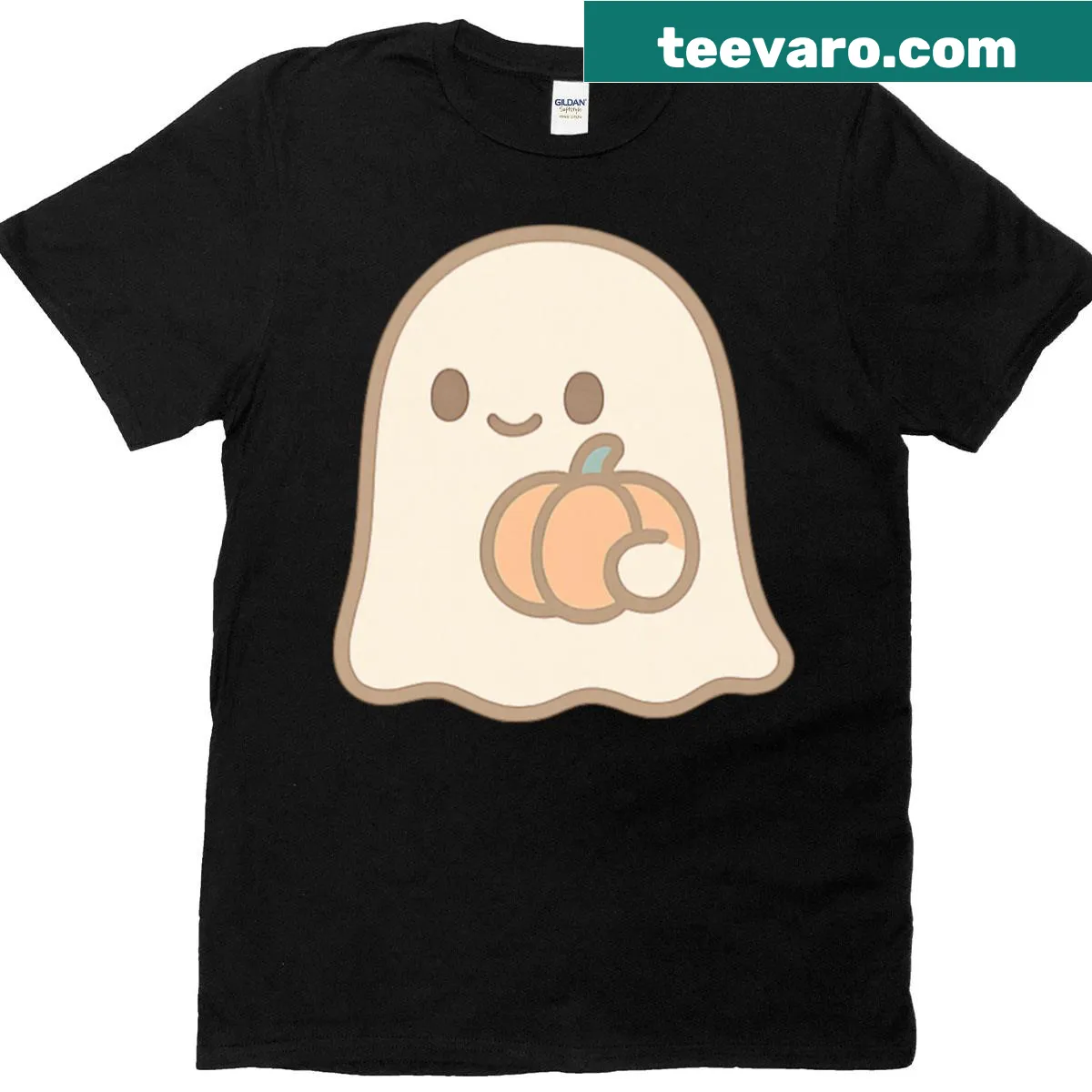 Cute Halloween T-shirt featuring a pumpkin ghost in kawaii style — on a men's t-shirt