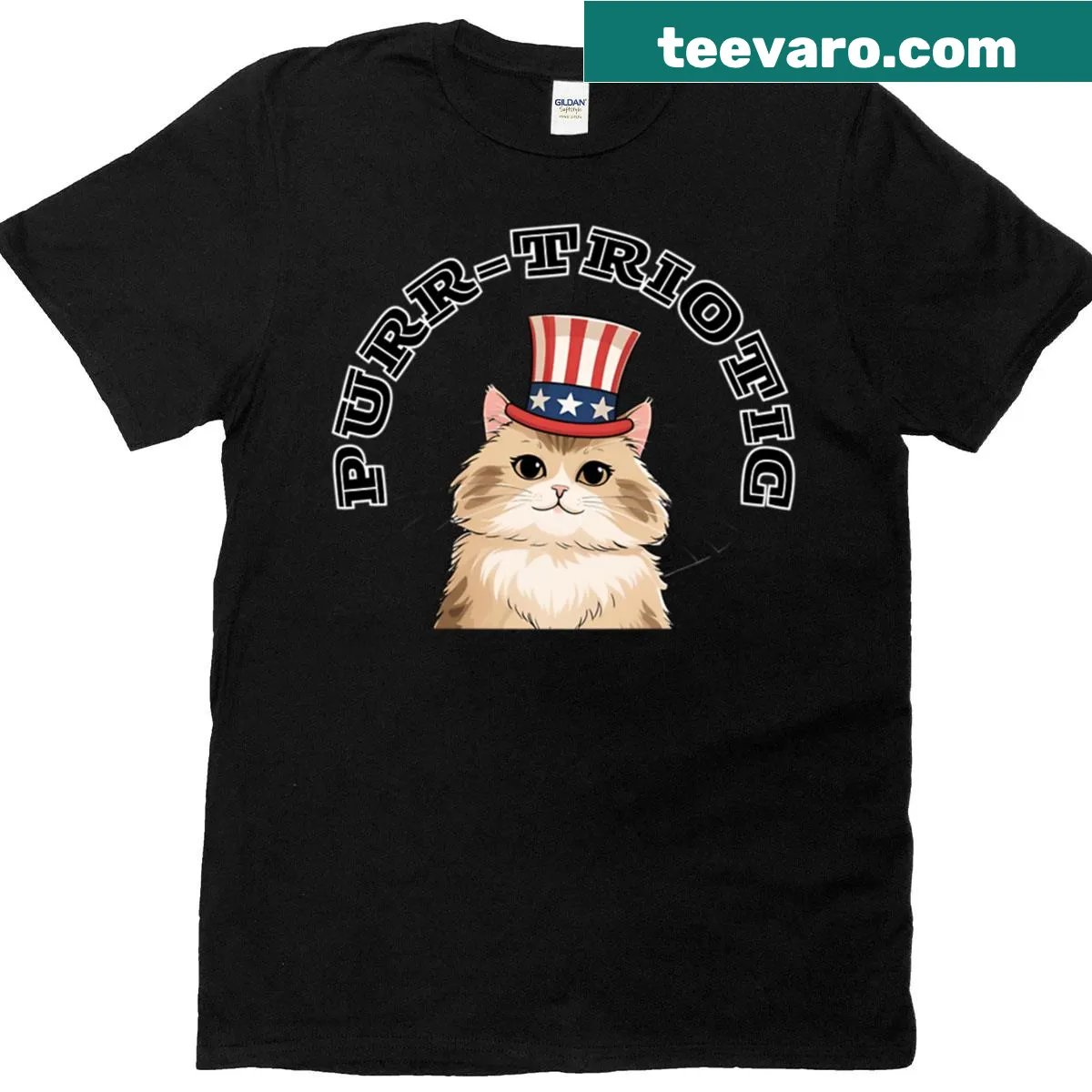 Cute Independence Day T-shirt with a patriotic cat design — on a men's t-shirt