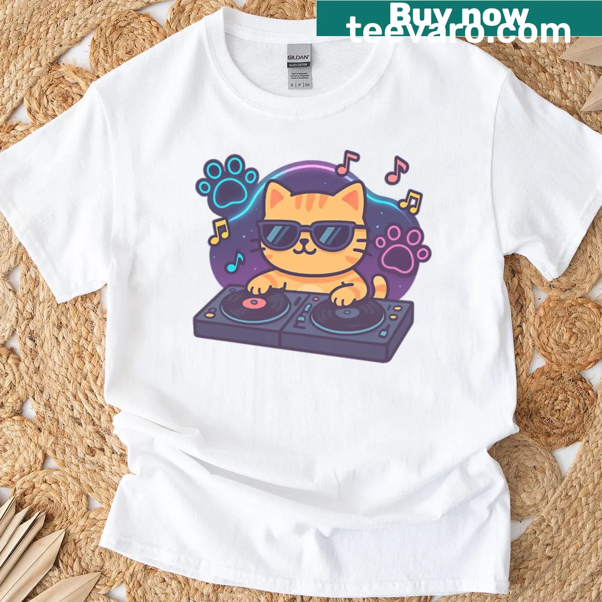 DJ cat illustration with musical elements on T-shirt — on a men's t-shirt