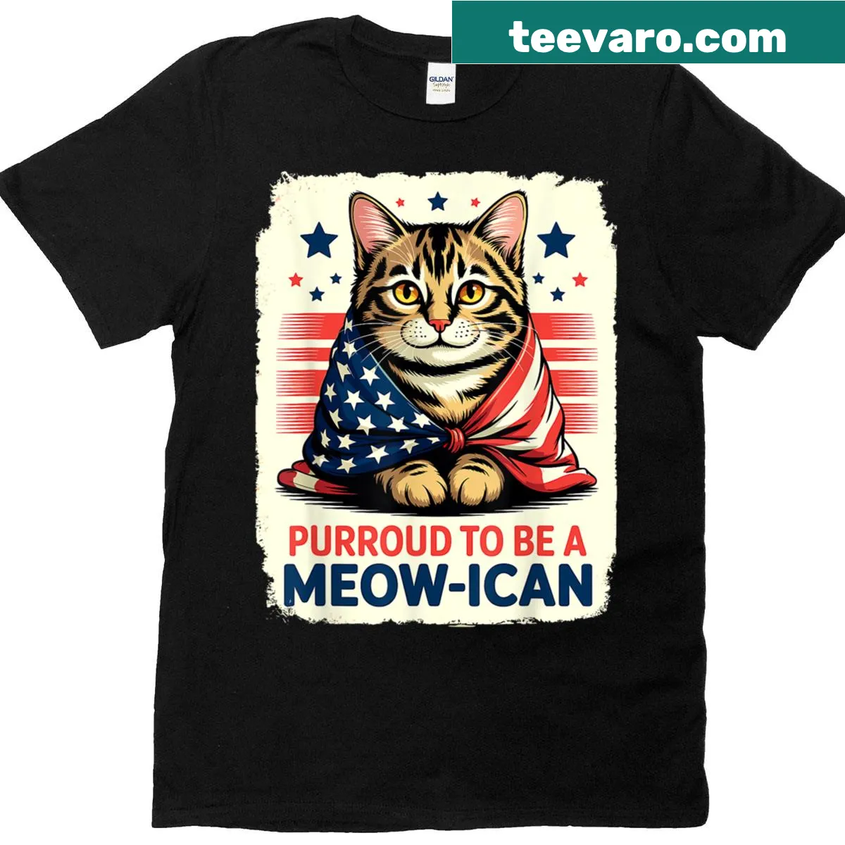 Funny patriotic cat t-shirt with playful design for July 4th — on a men's t-shirt