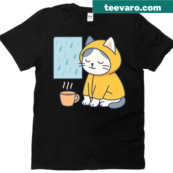 Cat in a yellow raincoat graphic on t-shirt