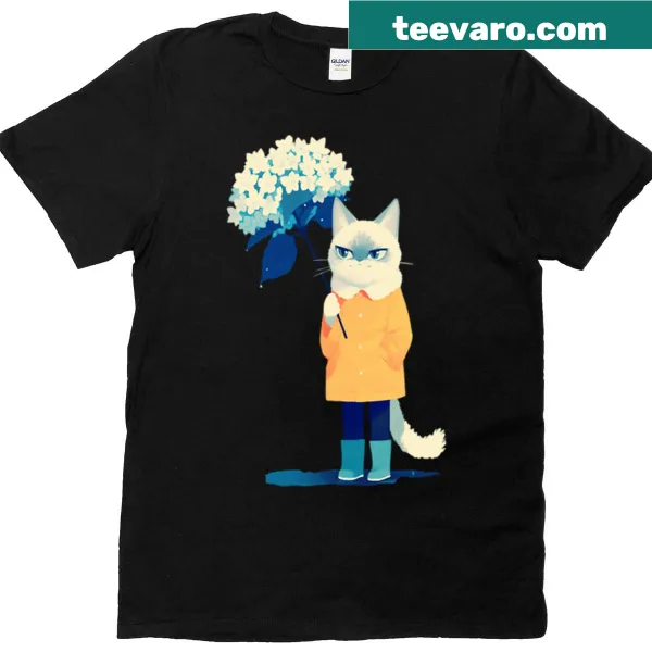 Charming cat in yellow raincoat with hydrangea umbrella t-shirt