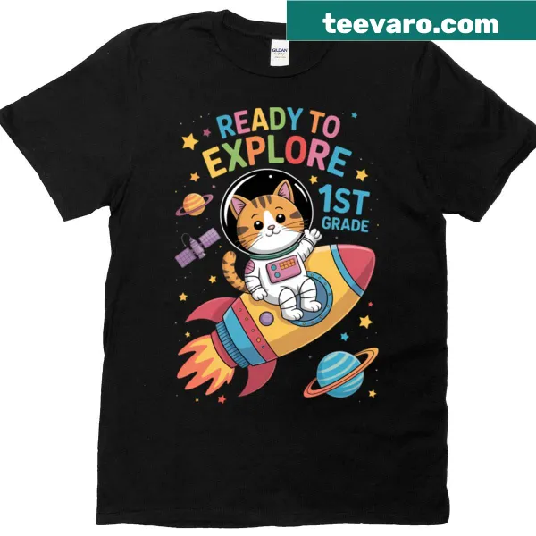 Space-themed T-shirt with a cartoon cat astronaut and the phrase 'Ready to Explore'