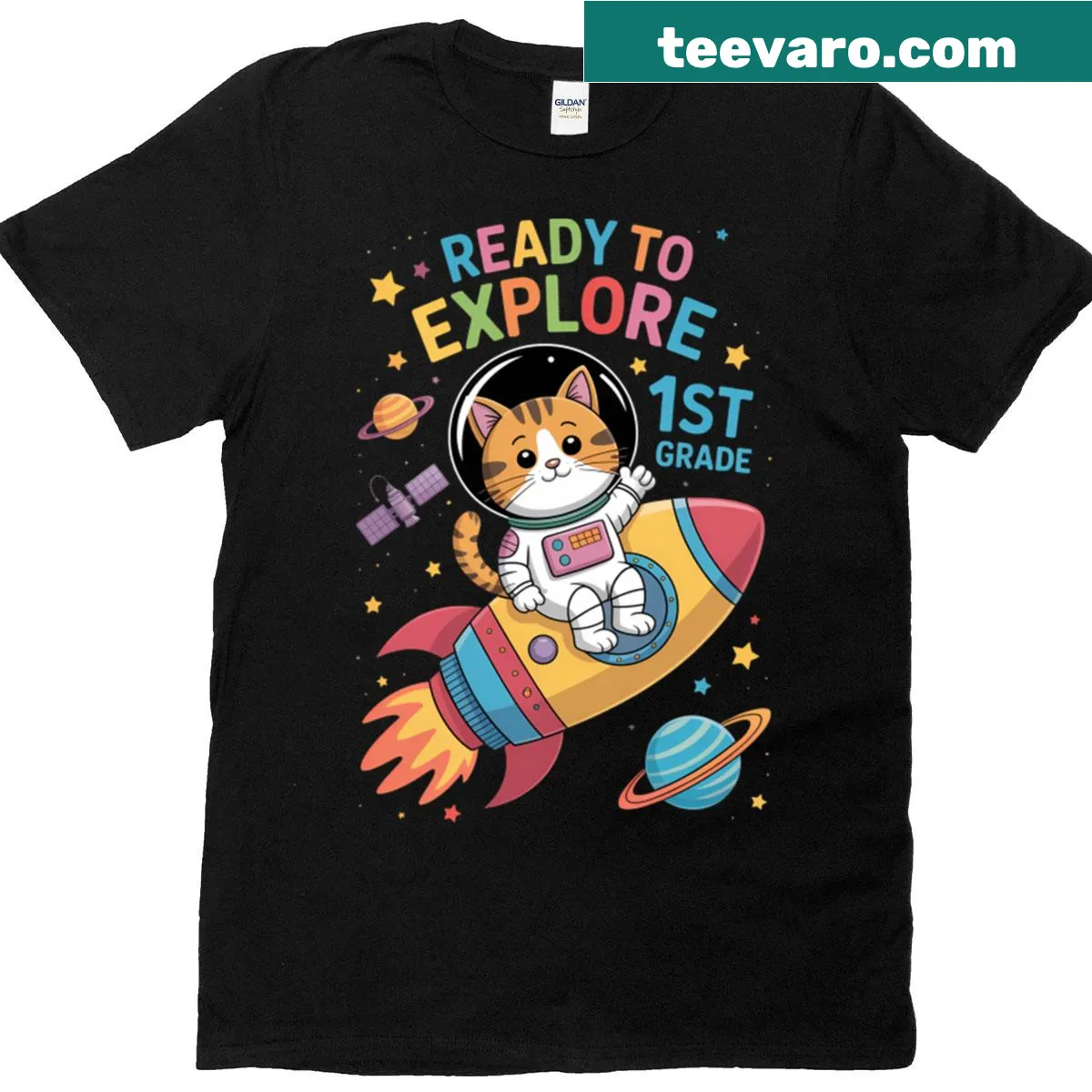 Space-themed T-shirt with a cartoon cat astronaut and the phrase 'Ready to Explore' — on a men's t-shirt