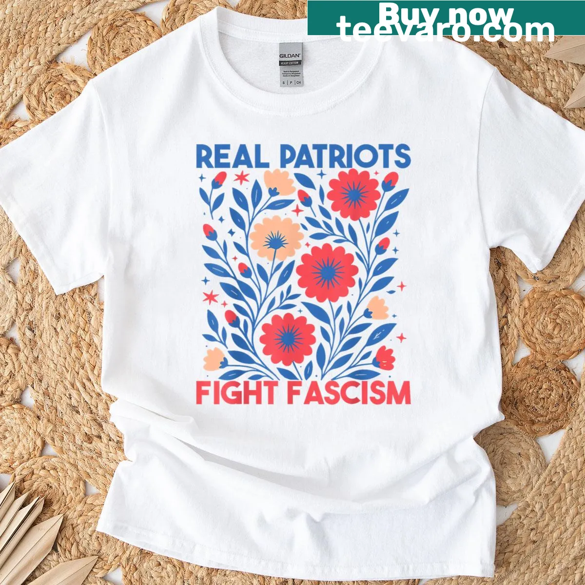 Boho floral political protest t-shirt with a powerful message — on a men's t-shirt