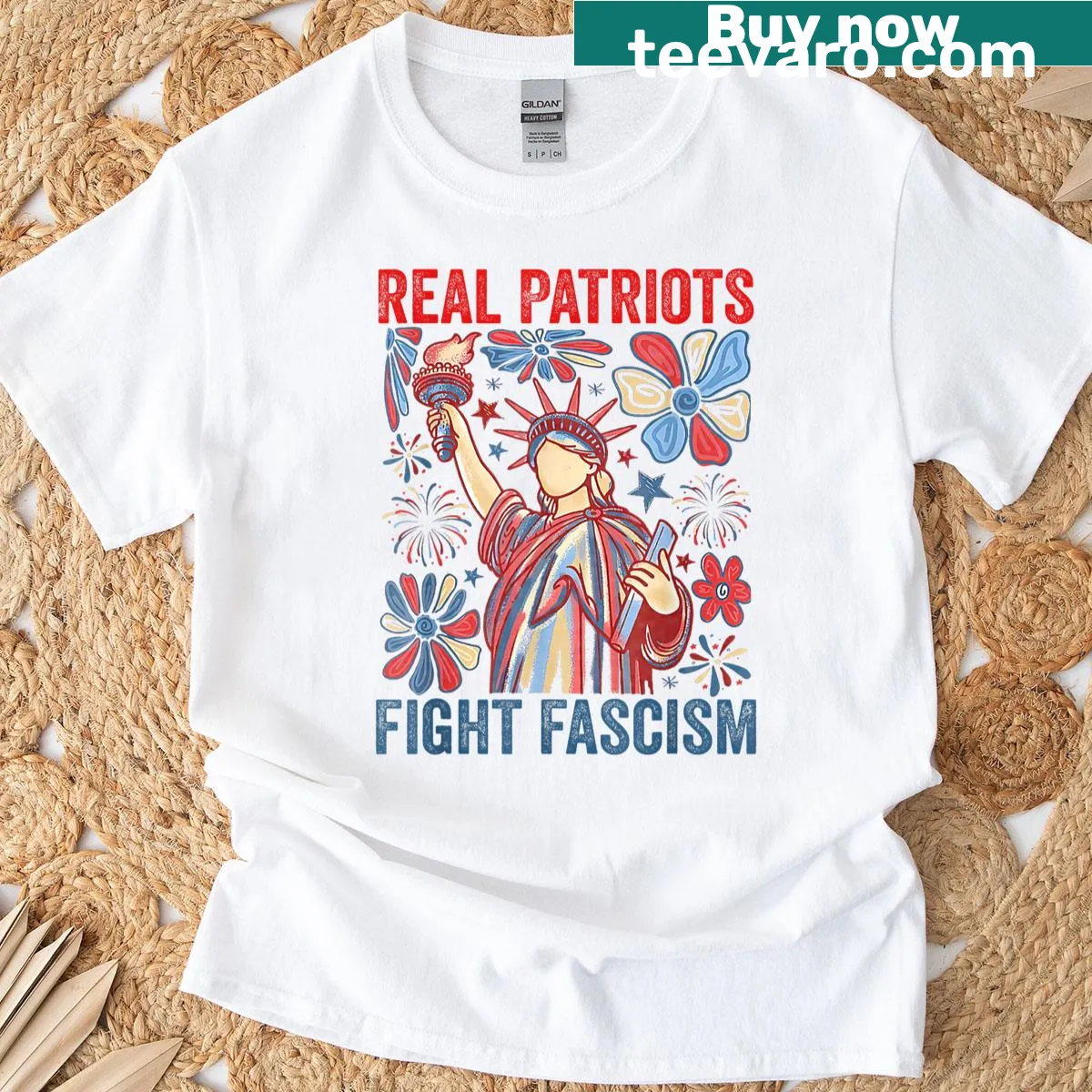 Simple design stating 'Real Patriots Fight Fascism' — on a men's t-shirt