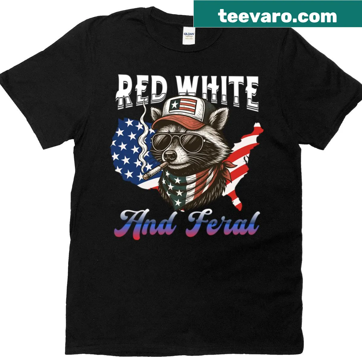 Patriotic T-shirt featuring a funny raccoon illustration for July 4th — on a men's t-shirt