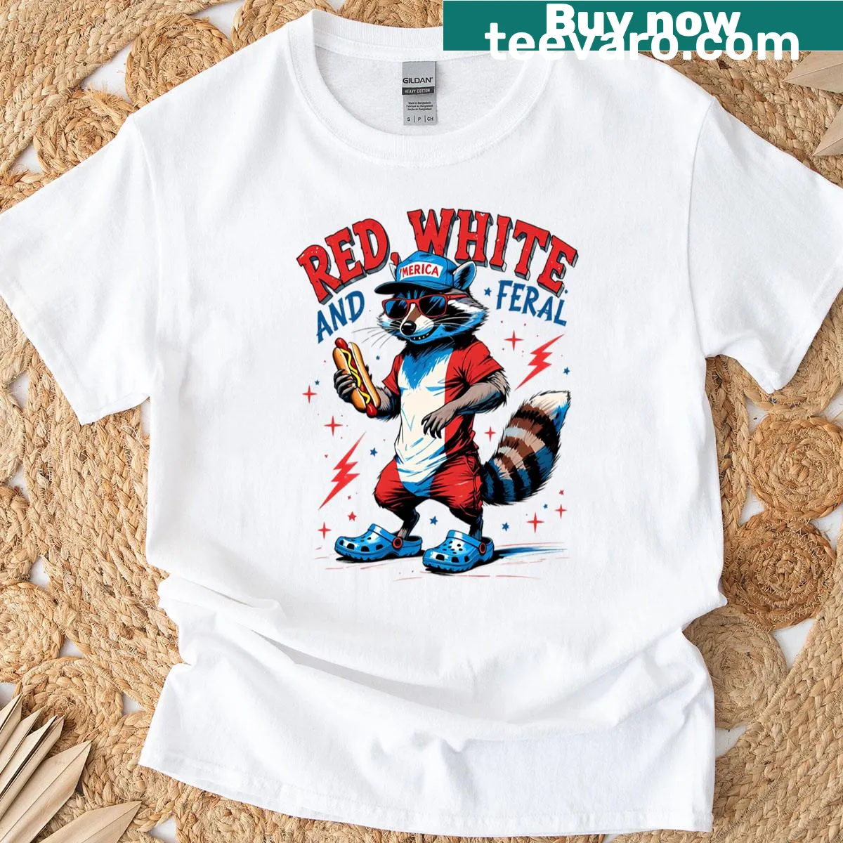 Funny feral raccoon design with 'Red White And Feral' for Independence Day. — on a men's t-shirt