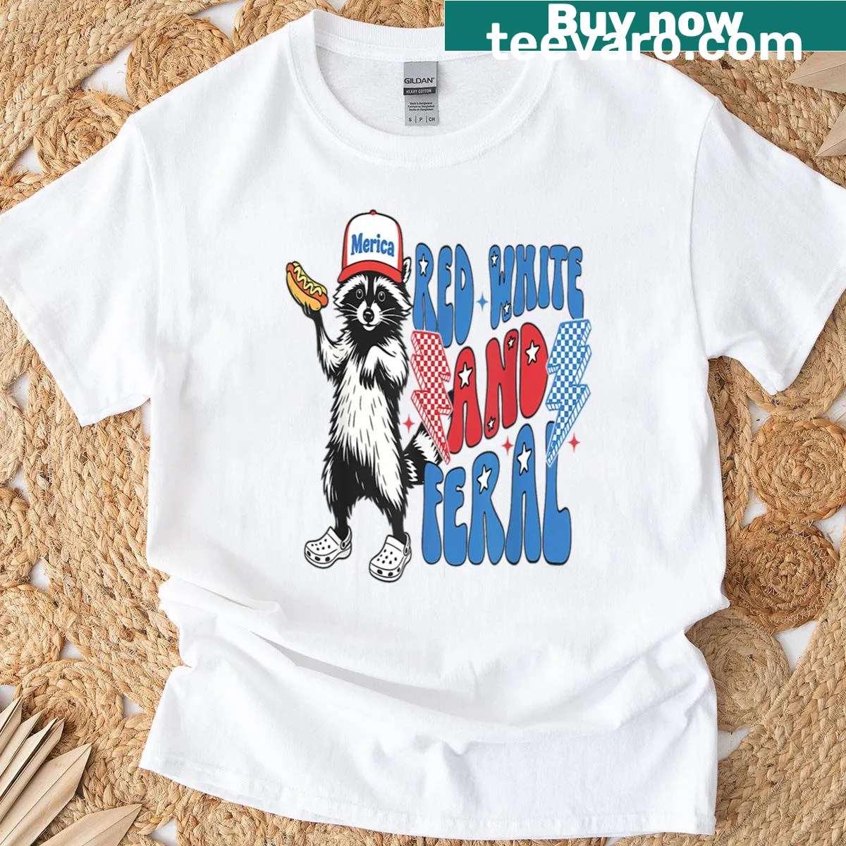Patriotic dog lovers t-shirt with a 'Red White And Woof' graphic. — on a men's t-shirt