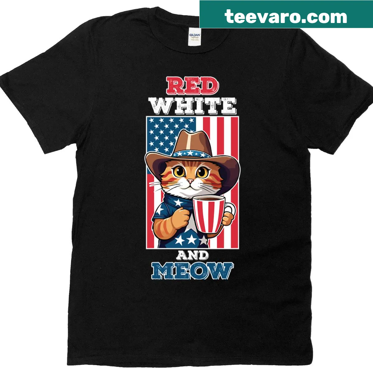 Cartoon cat in patriotic theme for Fourth of July T-shirt — on a men's t-shirt