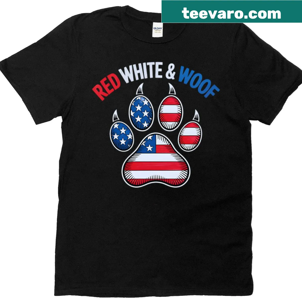 Patriotic dog lover t-shirt with paw print design — on a men's t-shirt