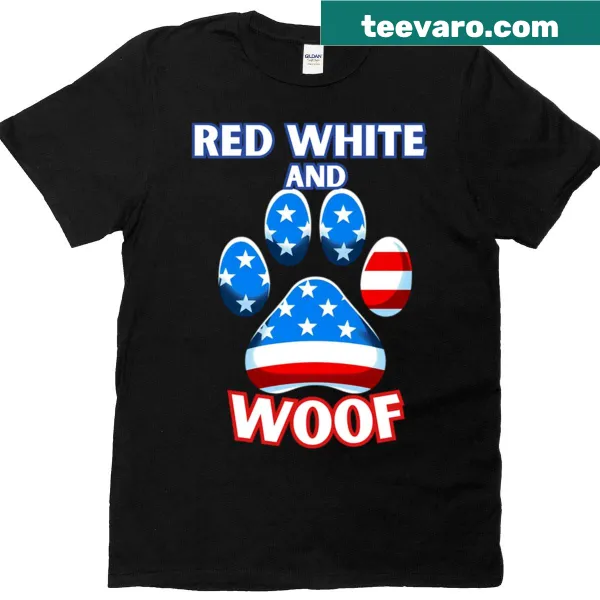 Patriotic T-shirt featuring playful 'Woof' text and red and white stripes