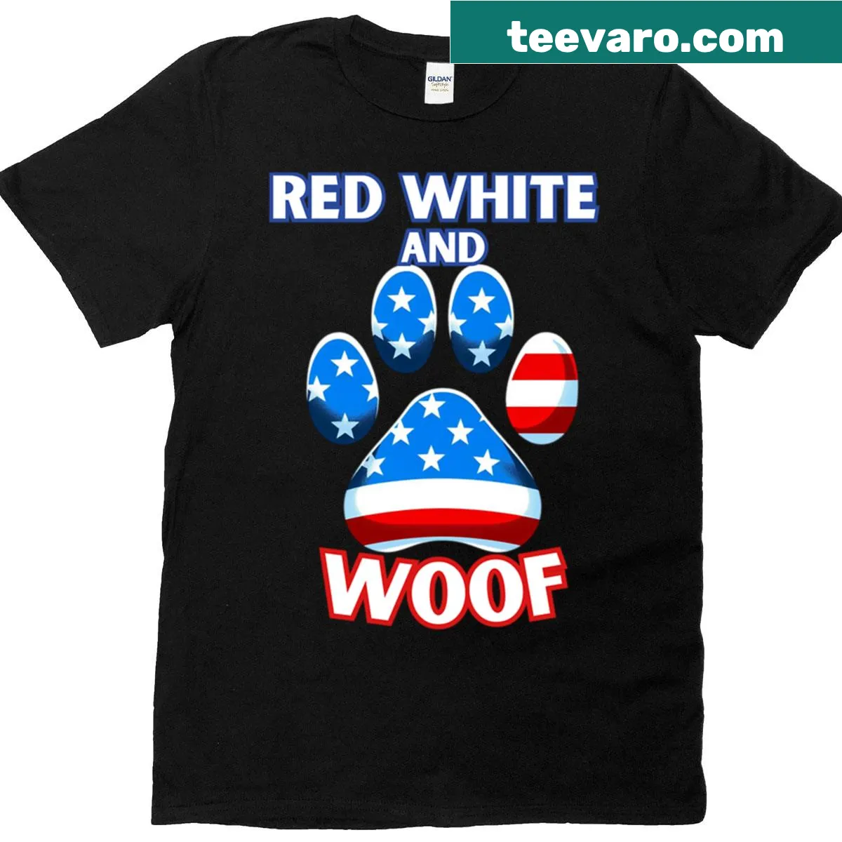 Patriotic T-shirt featuring playful 'Woof' text and red and white stripes — on a men's t-shirt