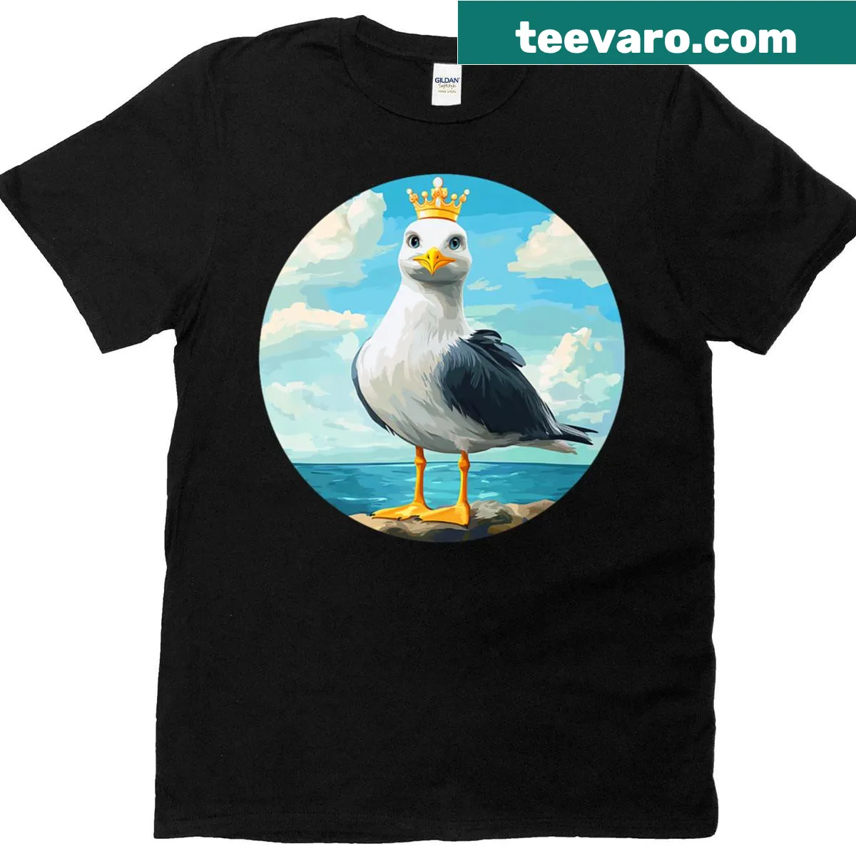 Illustration of a crowned seagull on a beach-themed T-shirt — on a men's t-shirt