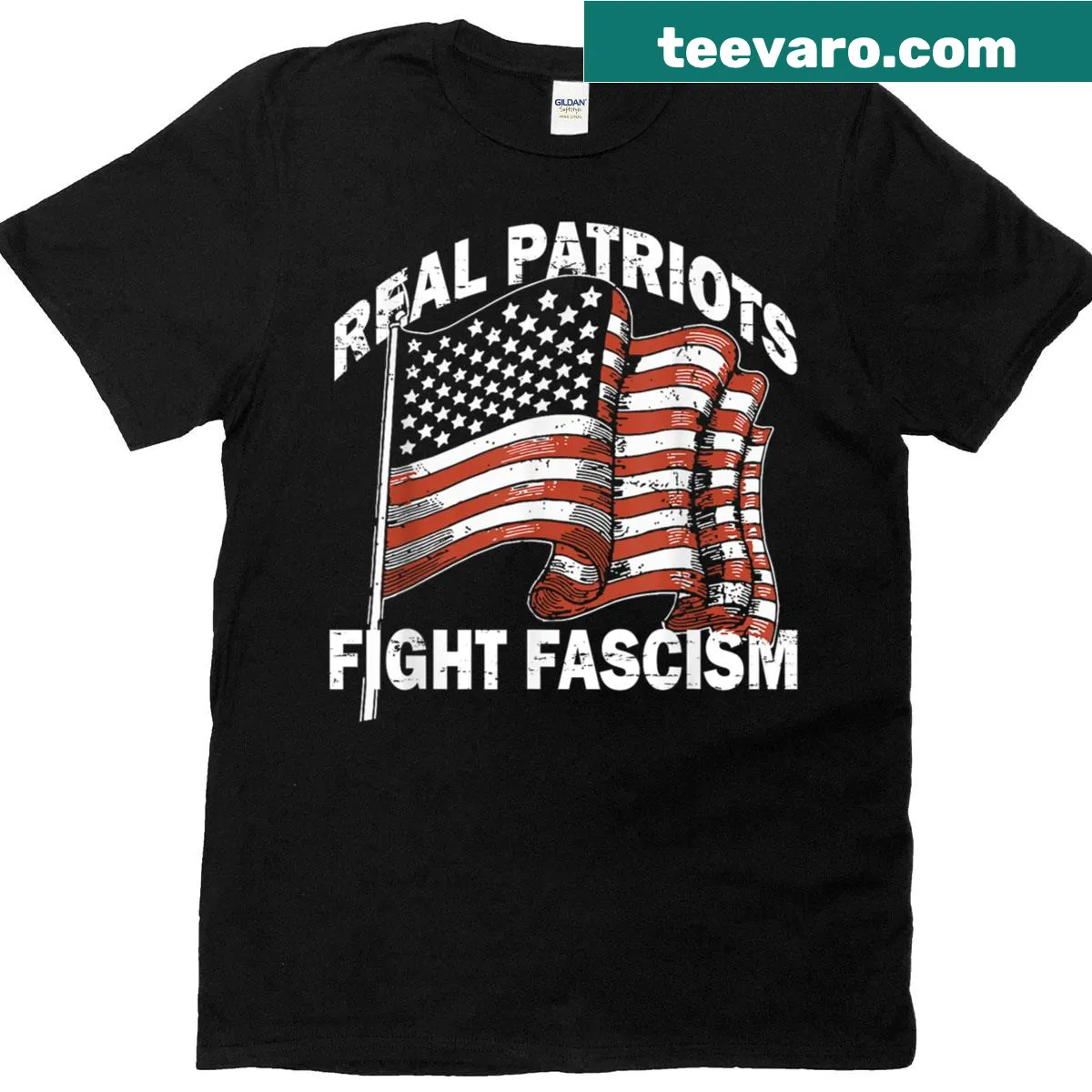 USA flag with humorous text about patriotism and fighting fascism — on a men's t-shirt