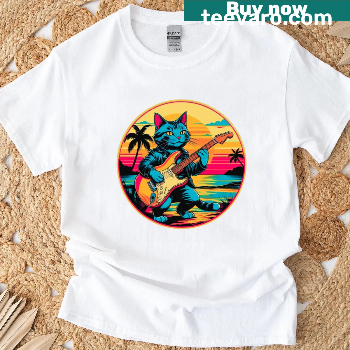 Pop art cat playing electric guitar design on a retro t-shirt — on a men's t-shirt