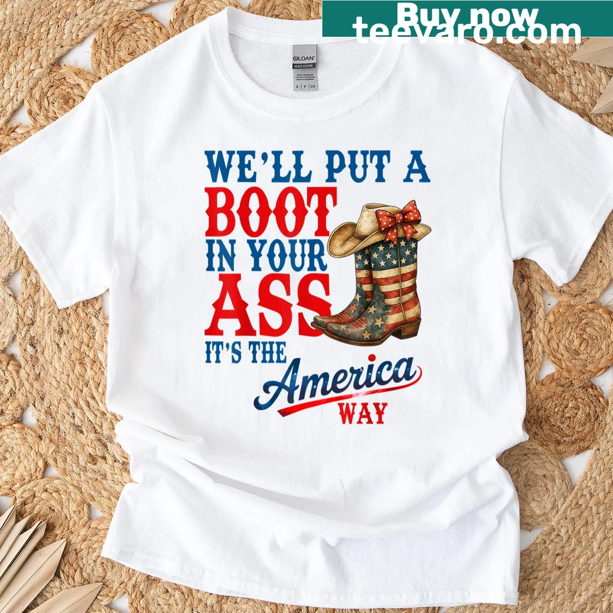 Illustration of a cowgirl boot with USA flag design — on a men's t-shirt