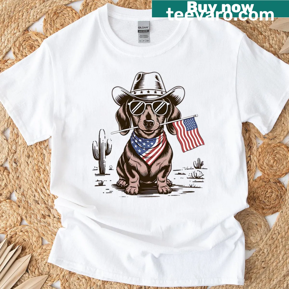 Cowboy dachshund illustration on a Fourth of July themed t-shirt — on a men's t-shirt