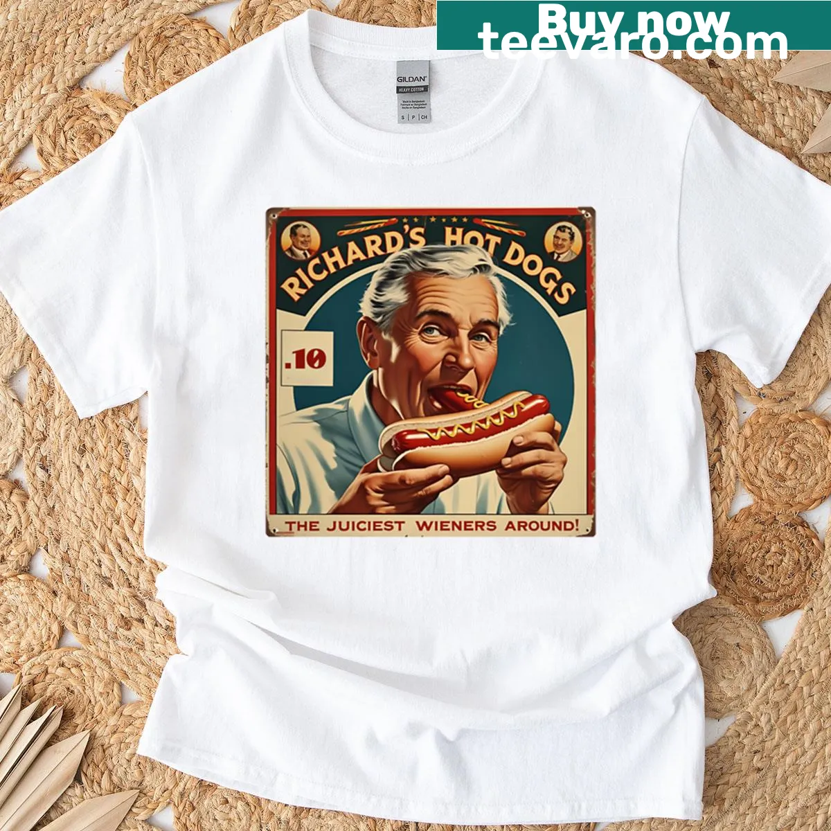 Cartoon hot dogs with text about juiciest wieners — on a men's t-shirt