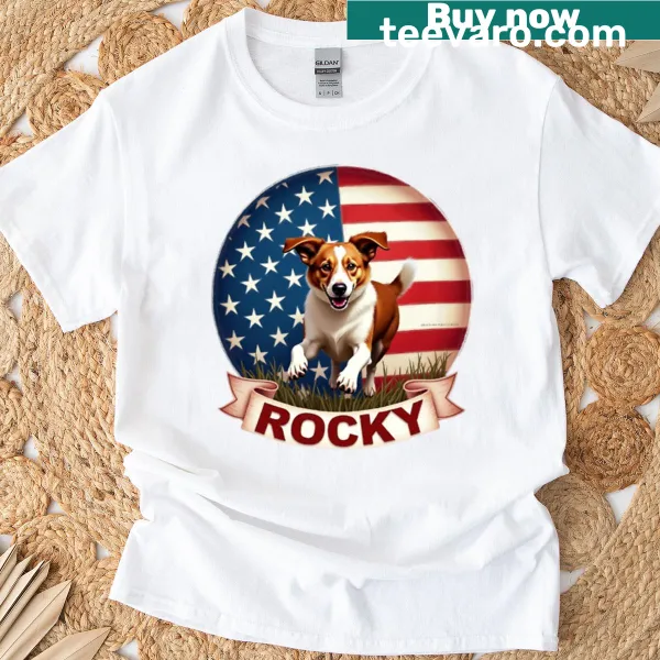 Illustration of Rocky the All-American dog on a t-shirt