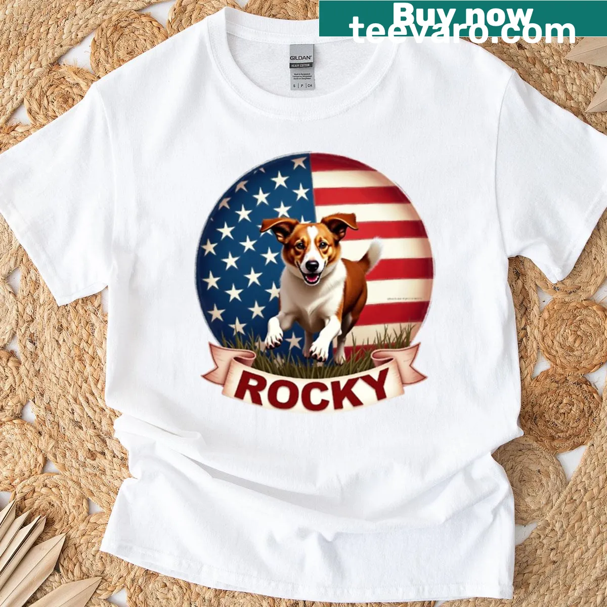 Illustration of Rocky the All-American dog on a t-shirt — on a men's t-shirt