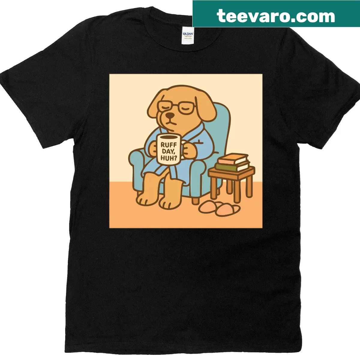 Oversized t-shirt with a cute dog illustration and the words 'Ruff Day Huh?'. — on a men's t-shirt