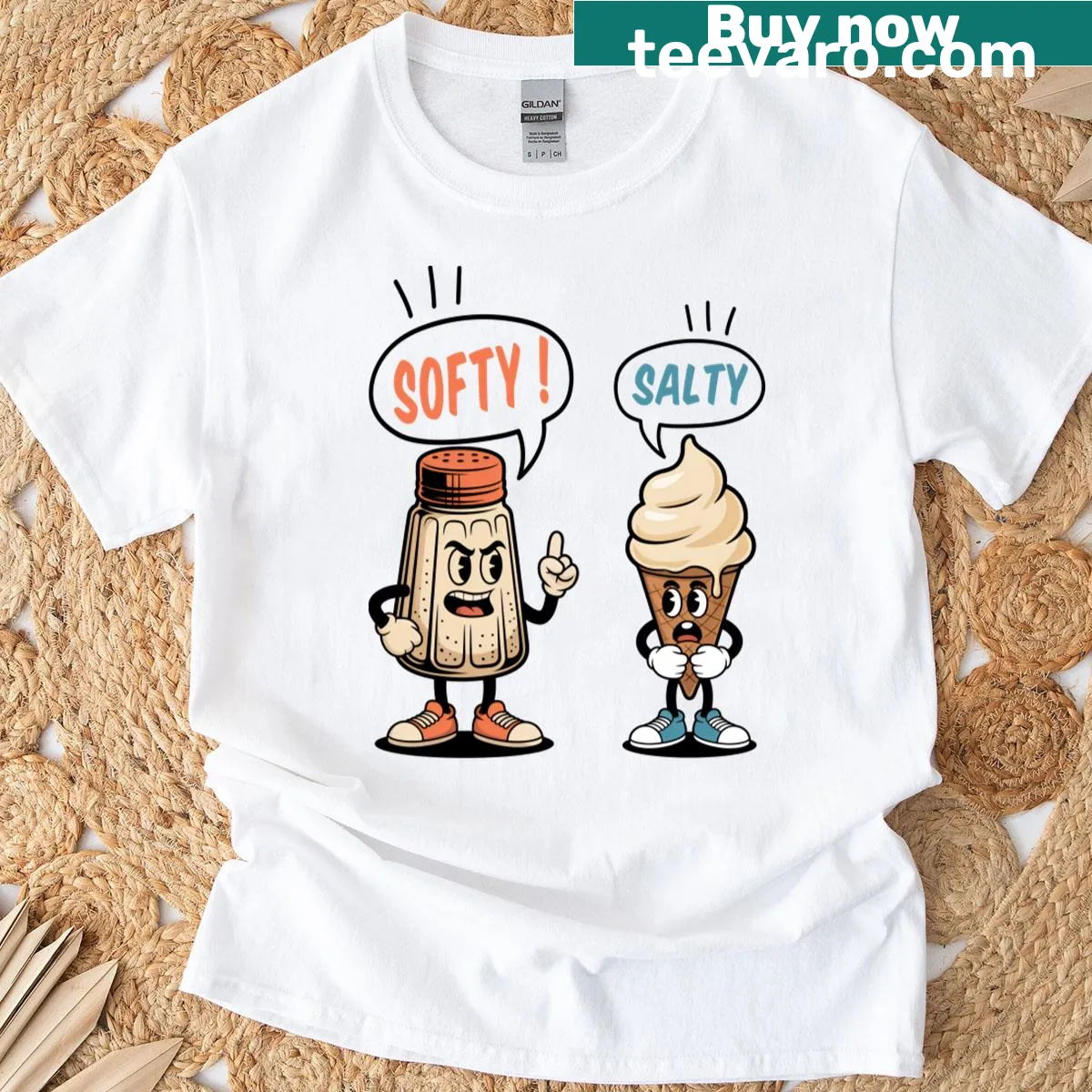 Cartoon design of salt versus ice cream on a t-shirt — on a men's t-shirt