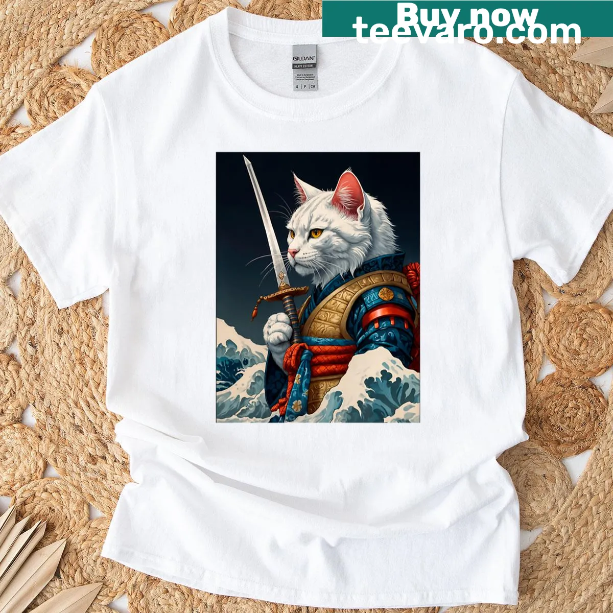 Illustration of a samurai cat in armor with katana on an oversized T-shirt — on a men's t-shirt