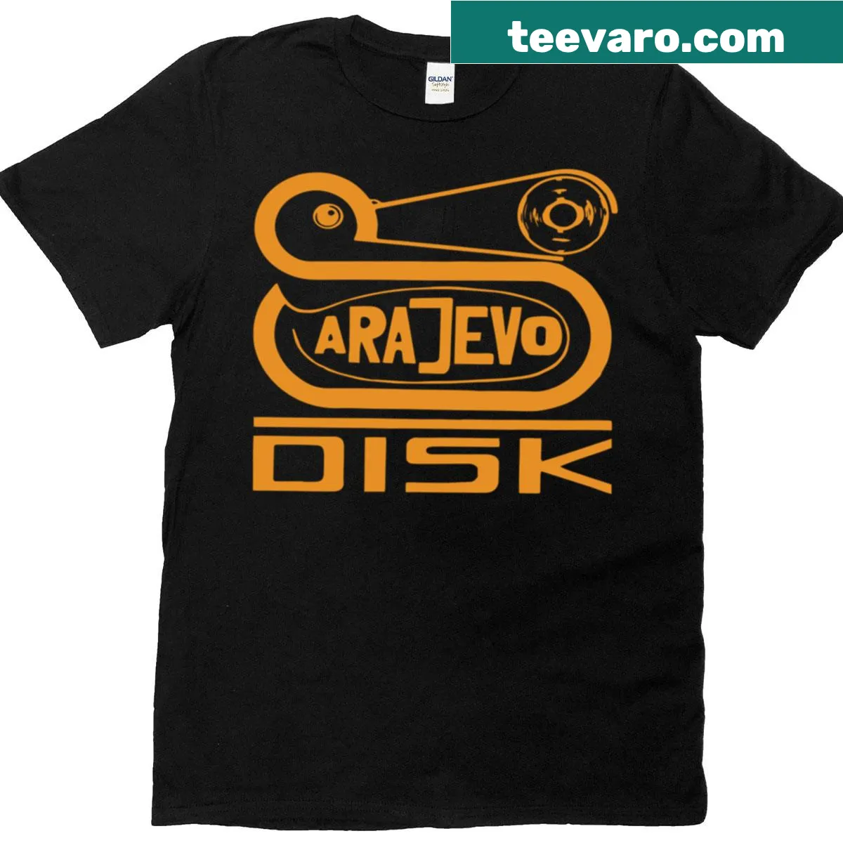 Minimalist T-shirt with Sarajevo Disk design in simple typography. — on a men's t-shirt