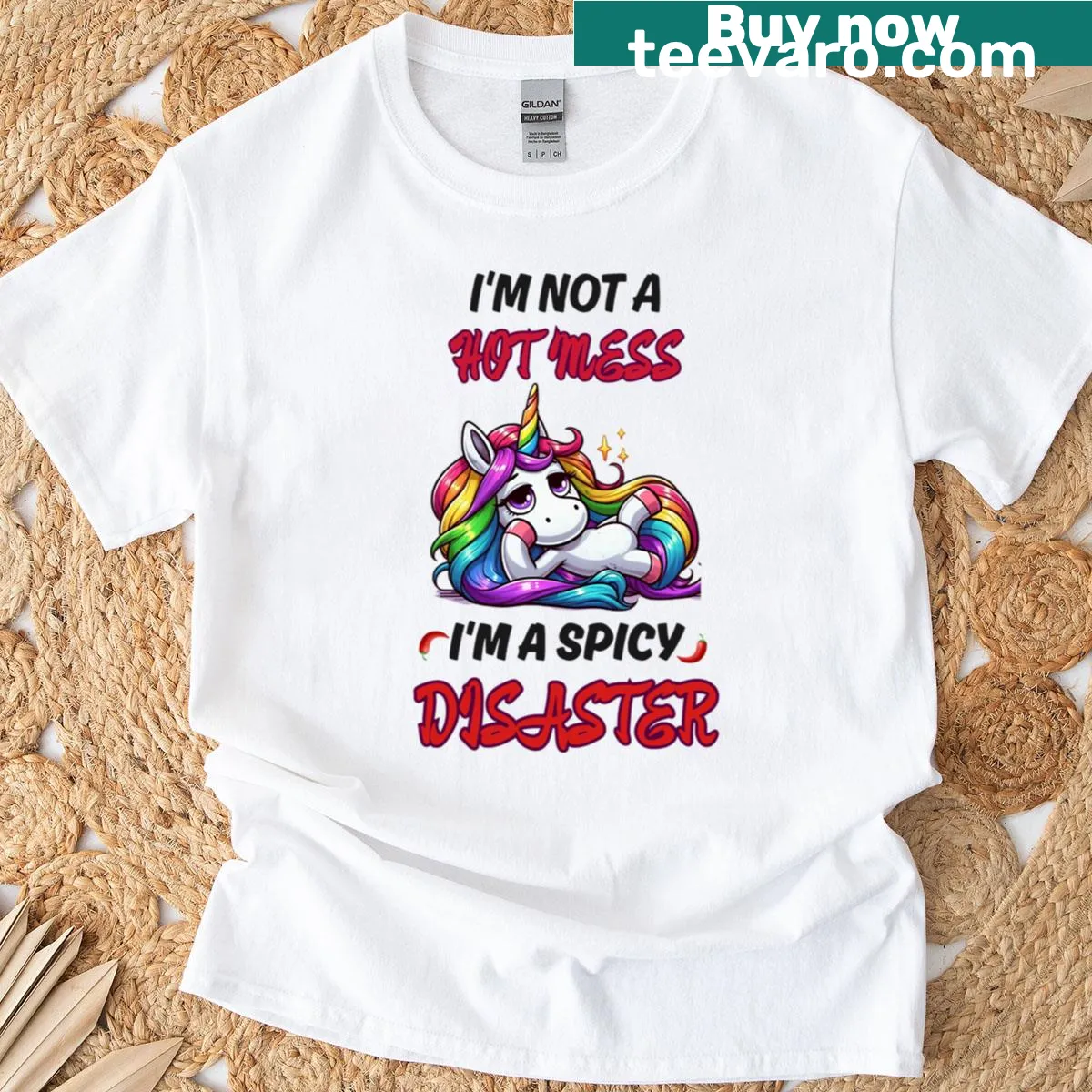 Cartoon sassy unicorn with rainbow trails for humorous T-shirt — on a men's t-shirt