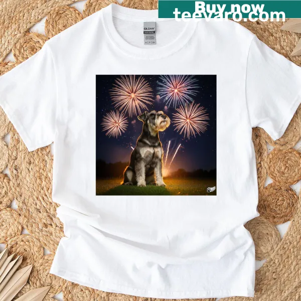 Schnauzer watching fireworks on a playful T-shirt design.