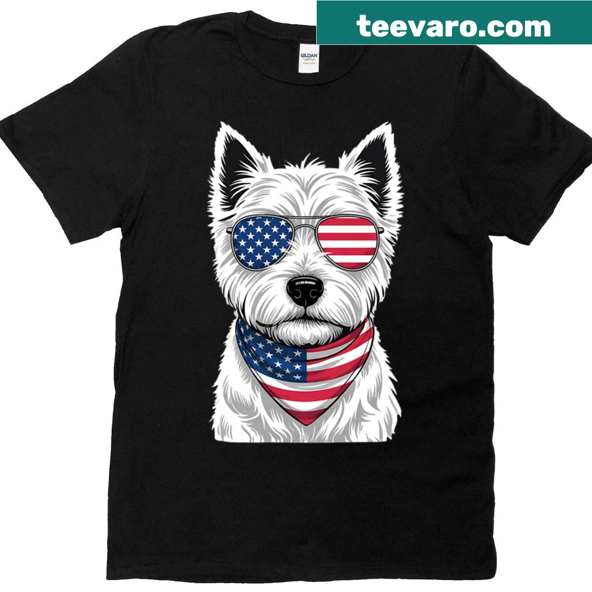 Oversized t-shirt featuring a Scottie dog with sunglasses and an American flag design. — on a men's t-shirt
