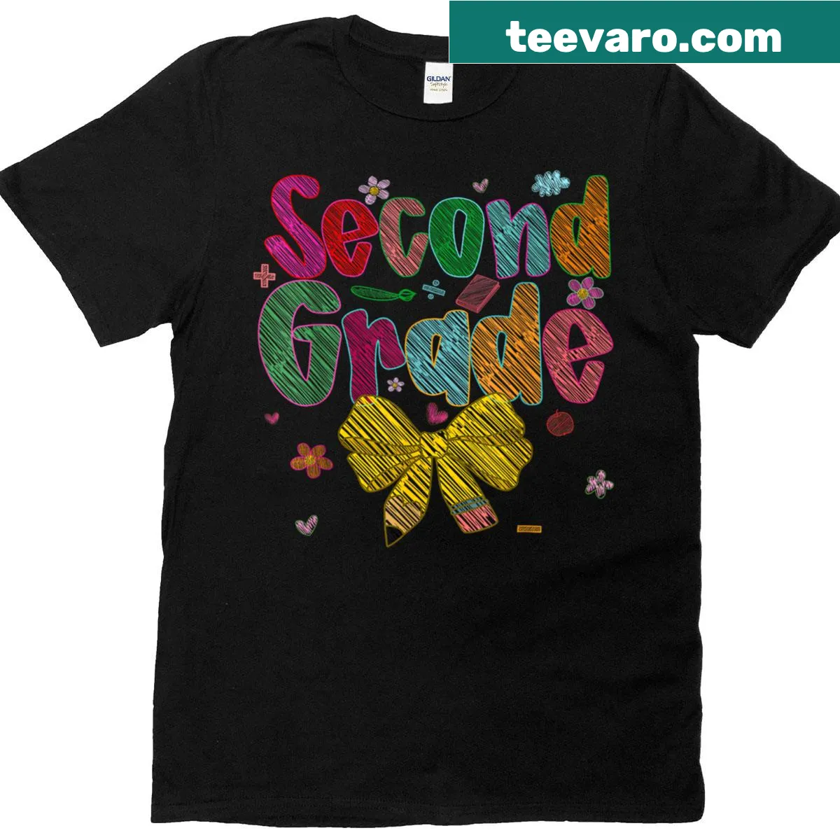 T-shirt with pencil and bow graphic for second graders — on a men's t-shirt