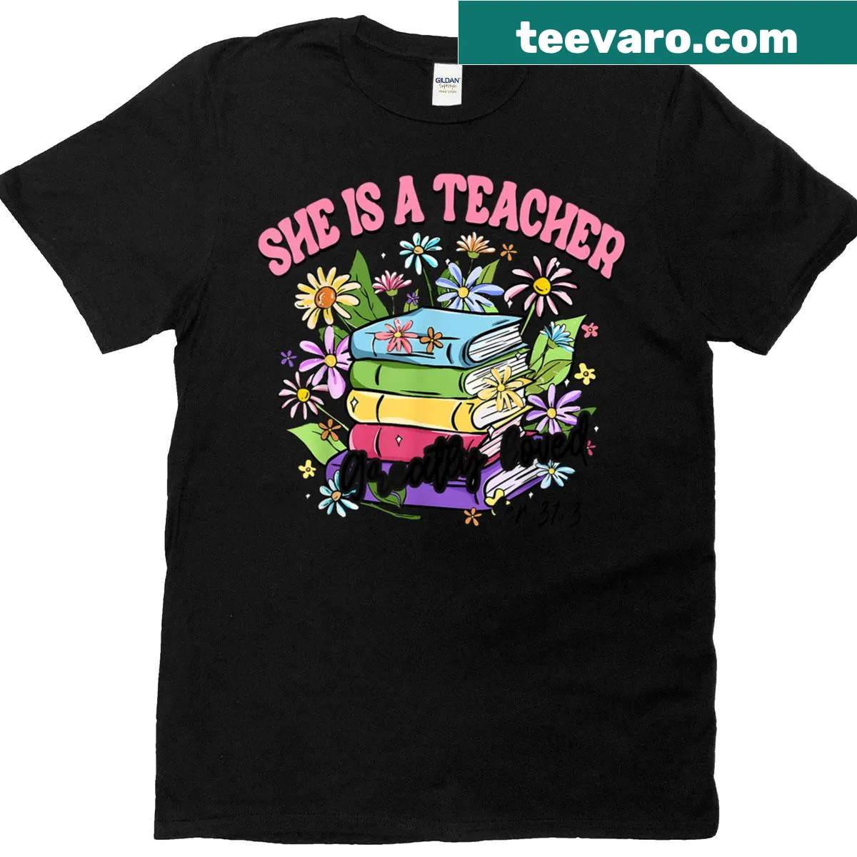 Floral T-shirt with hand-lettered teacher inspiration — on a men's t-shirt
