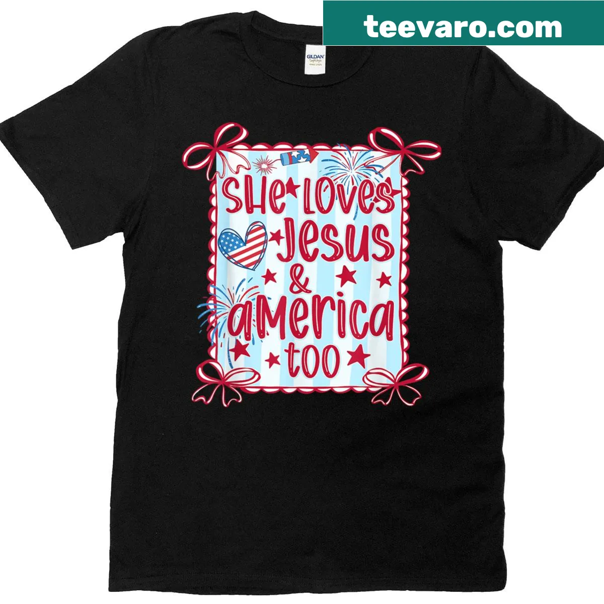 Patriotic t-shirt featuring 'She Loves Jesus And America' — on a men's t-shirt