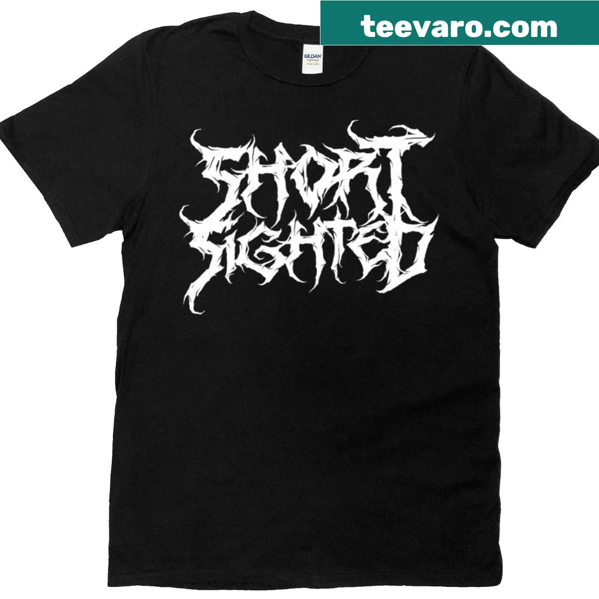 Death metal myopia logo graphic on T-shirt — on a men's t-shirt