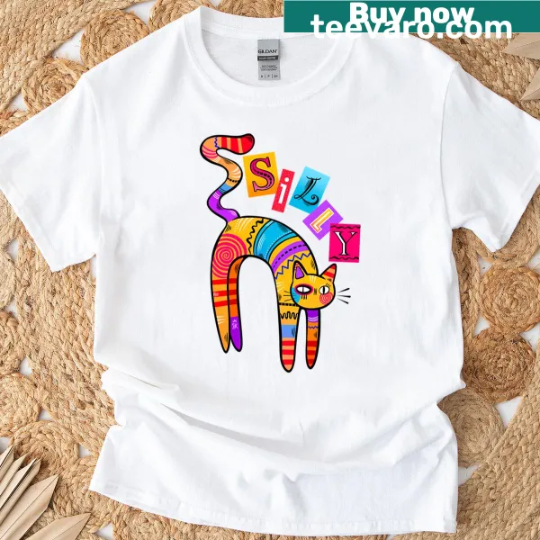 Cute cartoon cat graphic T-shirt designed for cat lovers