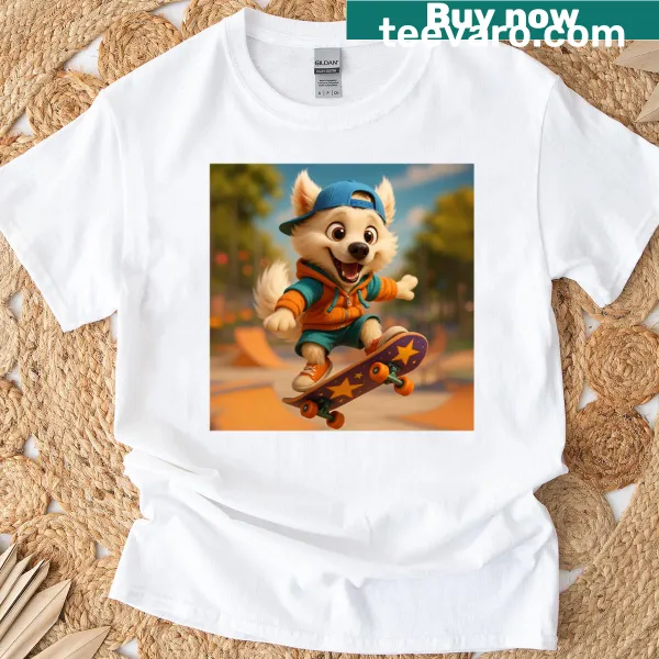 Skater Boskimo t-shirt featuring an illustrated dog on a skateboard