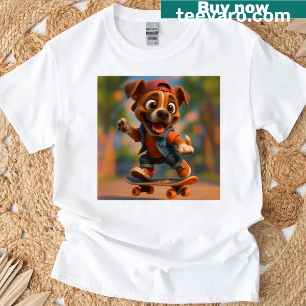 Boxer mix dog on skateboard illustration T-shirt