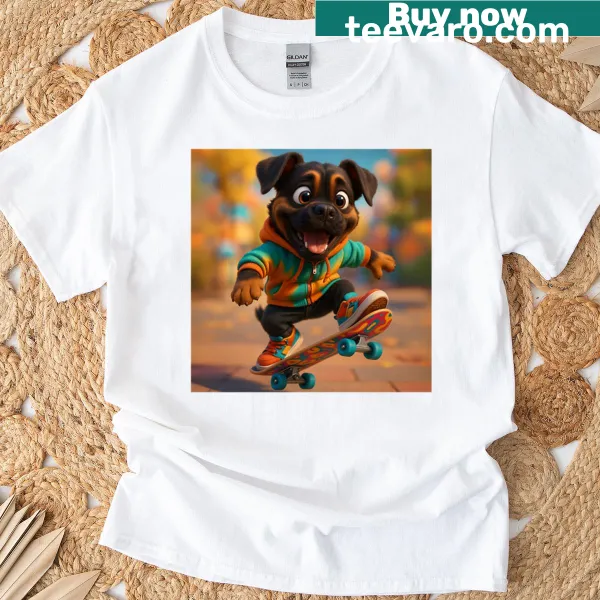 Illustration of a Boxweiler with a skateboard on a T-shirt