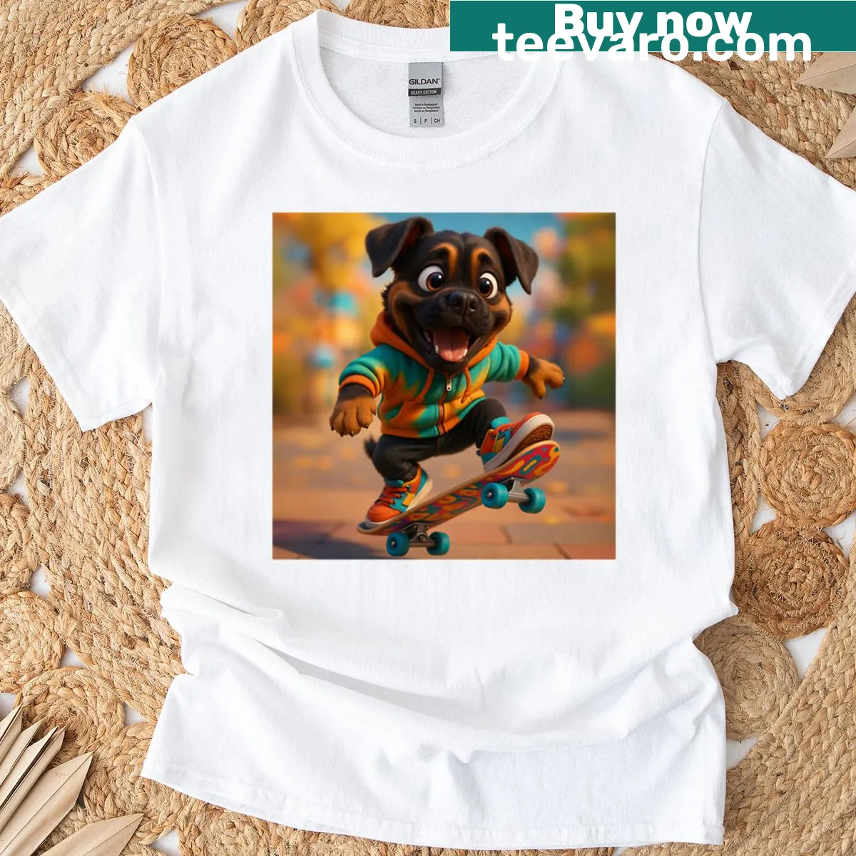 Illustration of a Boxweiler with a skateboard on a T-shirt — on a men's t-shirt