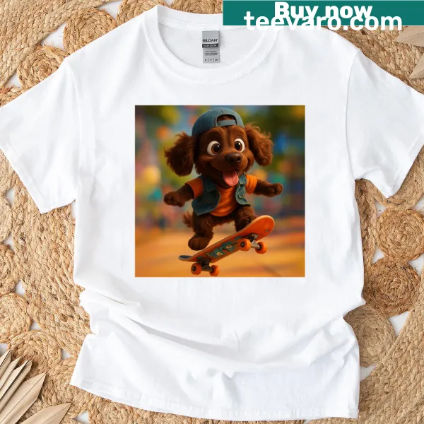 Skater Boykin Spaniel t-shirt featuring an illustrated dog on a skateboard
