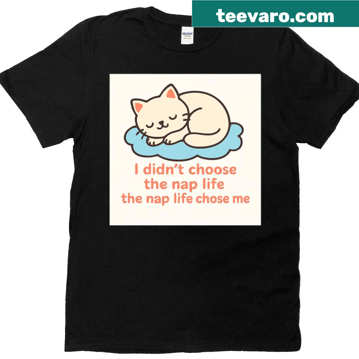 Playful text and sleeping cat graphic on a t-shirt — on a men's t-shirt