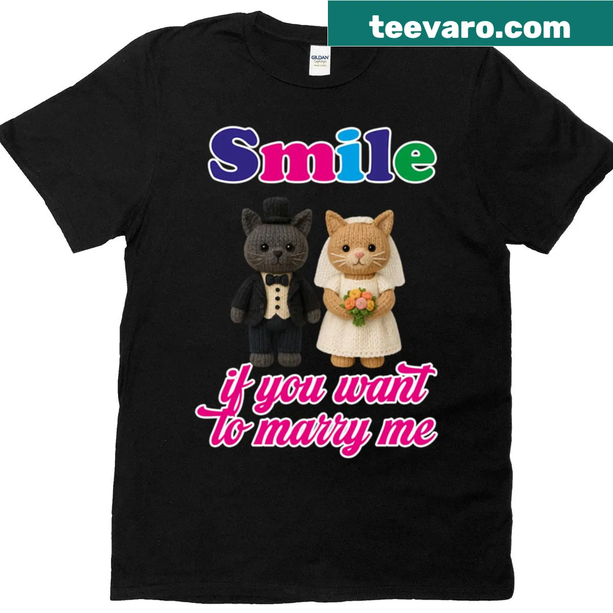 Playful marriage proposal text on oversized T-shirt — on a men's t-shirt
