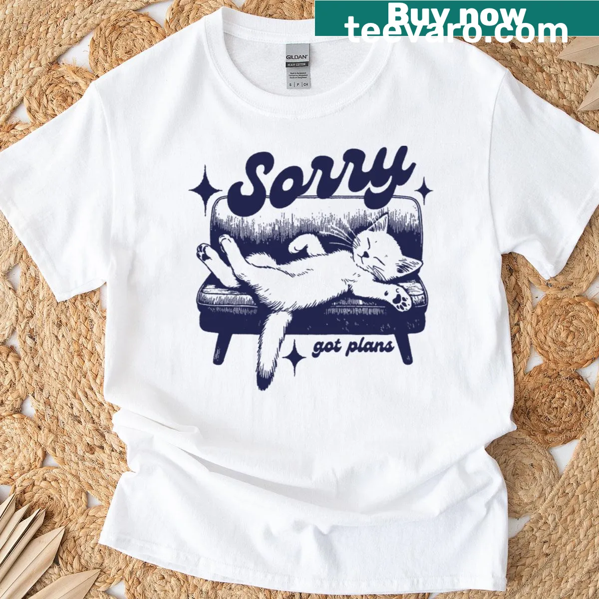 Funny cat t-shirt with a humorous Sorry Got Plans phrase — on a men's t-shirt