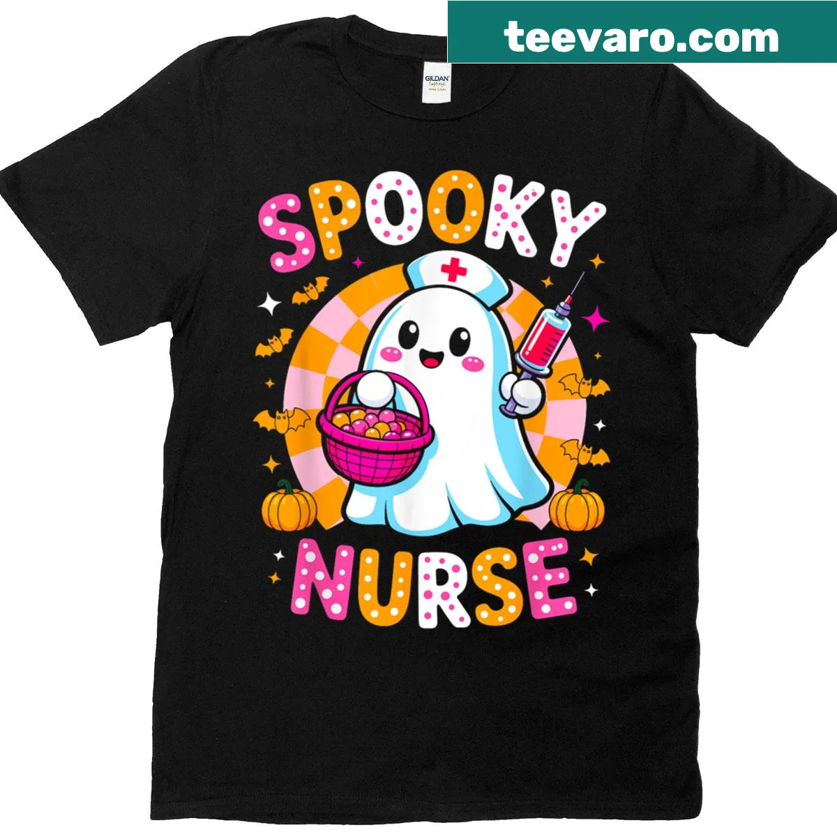 Cute Halloween ghost nurse with pumpkin and candy illustration — on a men's t-shirt