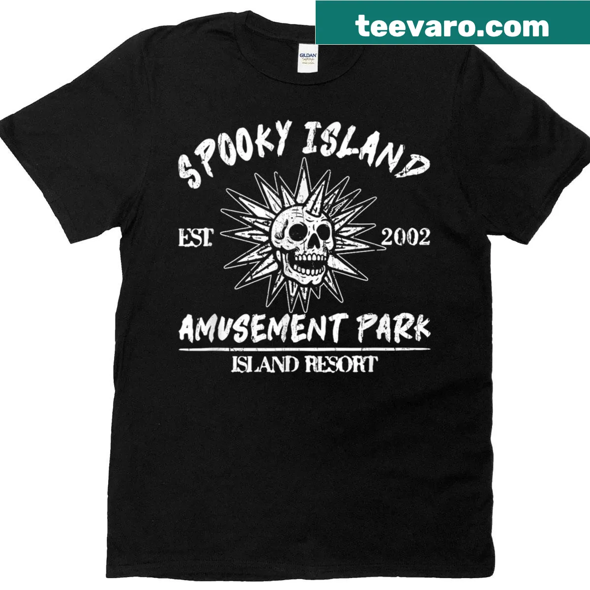 Cartoon skull T-shirt for Halloween featuring Spooky Island Amusement Park theme — on a men's t-shirt