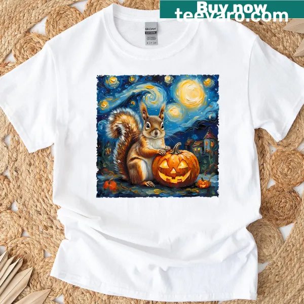 Squirrel and pumpkin in Van Gogh style on a Halloween t-shirt